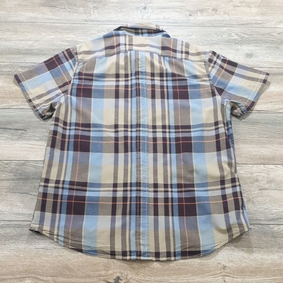 Gap Men XL Short Sleeve Shirt Casual Cotton Blue Brown Plaid Vacation Travel - Picture 8 of 10
